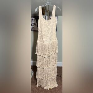 NWT Incredible Cream Crotchet Maxi Dress w/ Lots of Fringe Details Retail $1699!